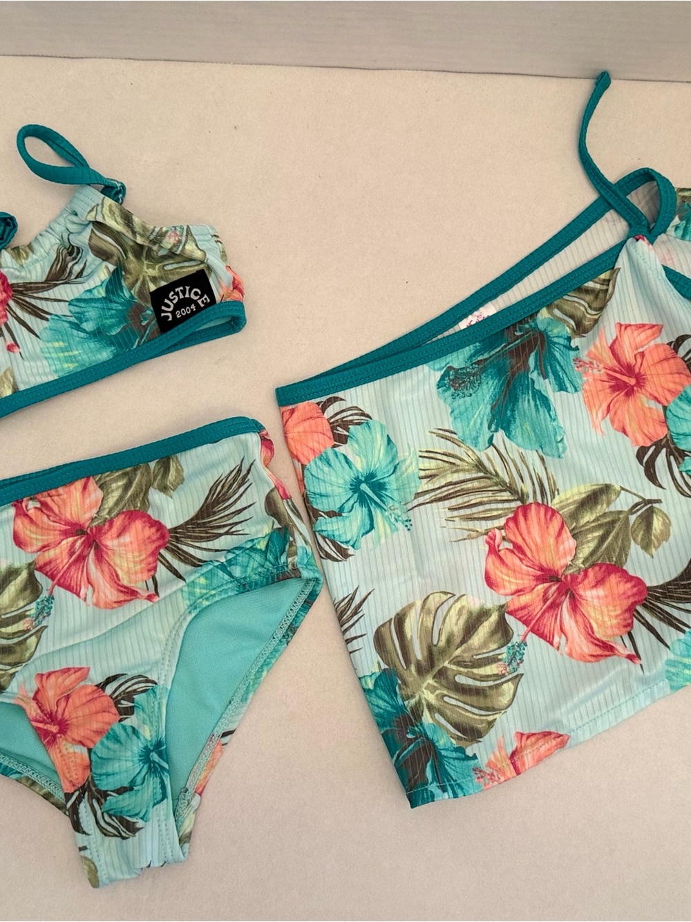 Justice Girls Tropical Floral Tankini Set in Aqua and Coral